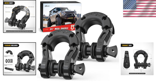 Off-Road Recovery Shackles - 2 Pack Mega D-Ring with Isolator for Safe Towing