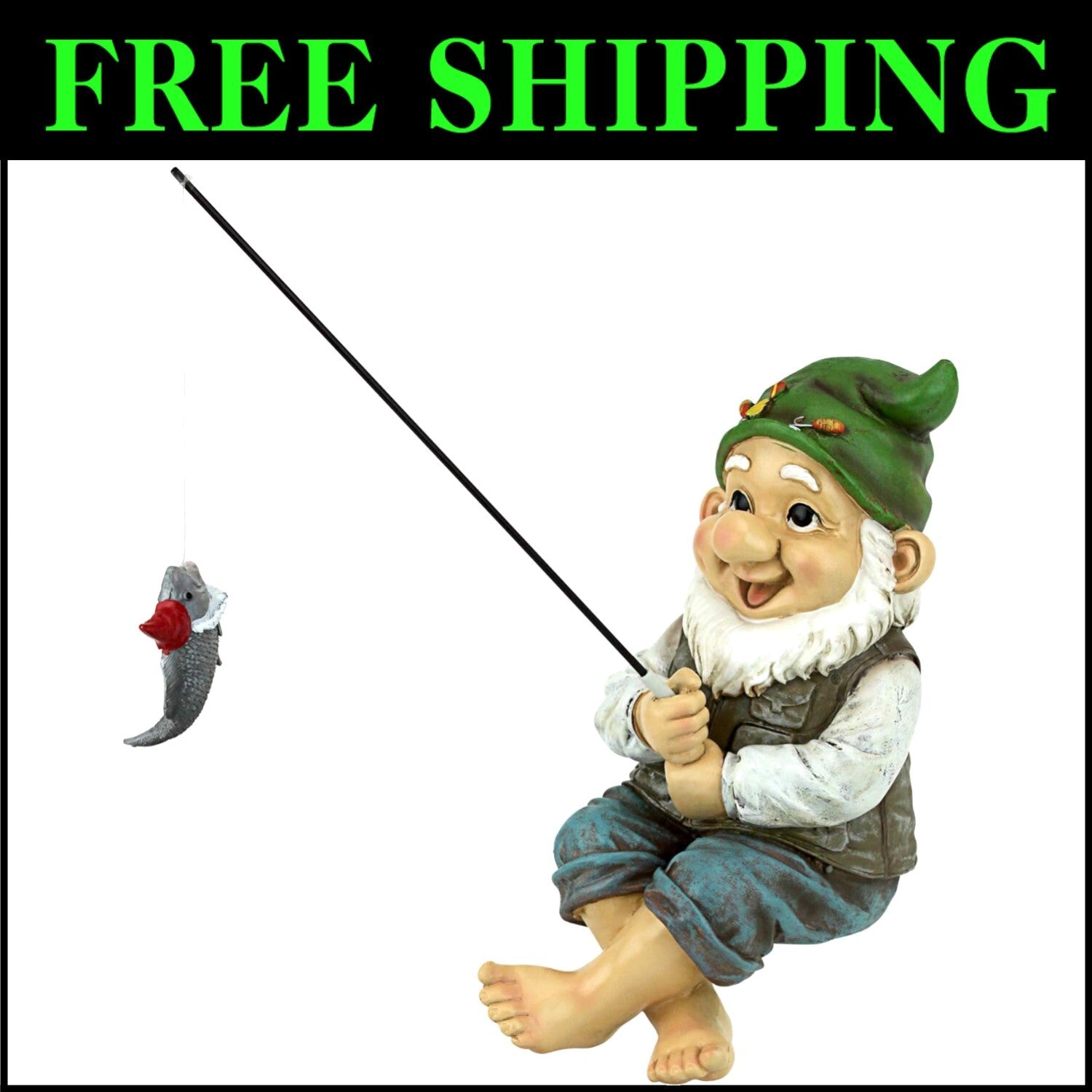 Charming Ziggy Fishing Gnome 9" Tall Cast Stone Resin Shelf Sitter Statue