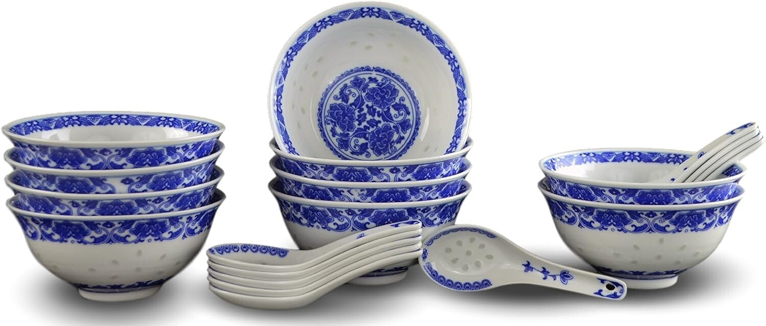 Elegant Blue & White Porcelain Bowls with Free Spoons - 10 pcs, 237ml Each