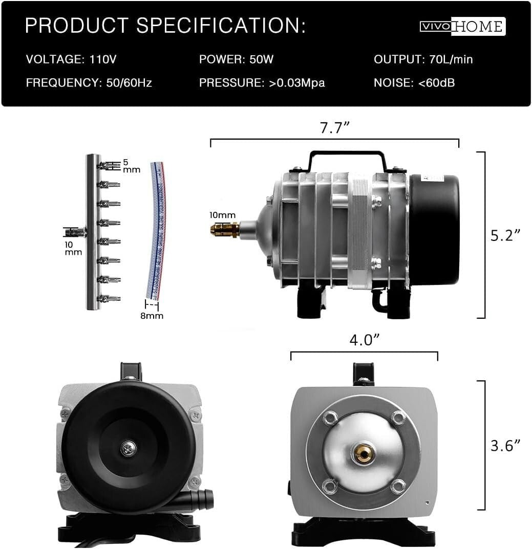 Efficient 50W Aquatic Aerator with 8 Outlets - Perfect for Fish and Hydroponics