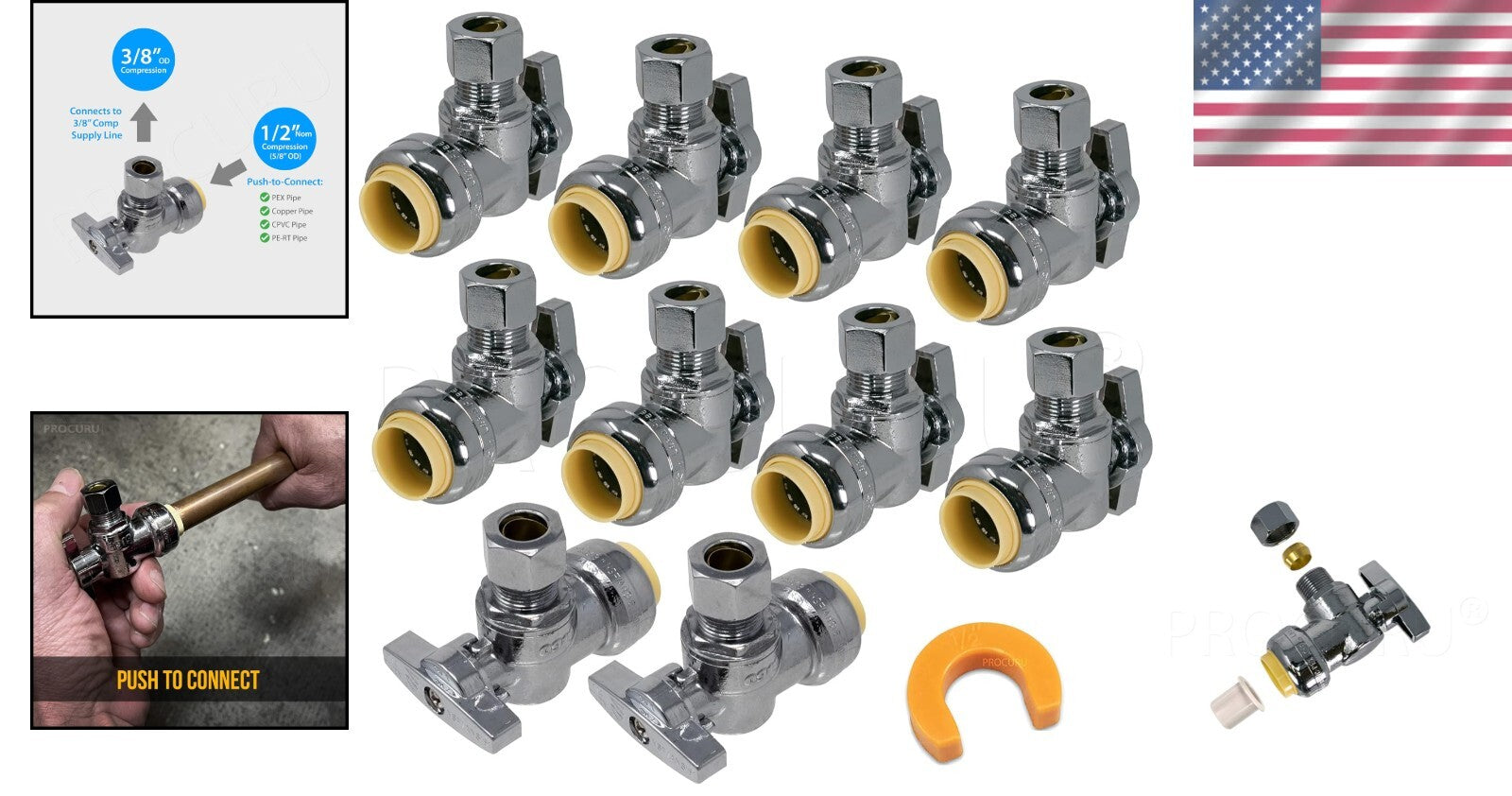 10-Pack PushFit Brass Angle Stop Valves 1/2" Nom x 3/8" OD for Reliable Plumbing