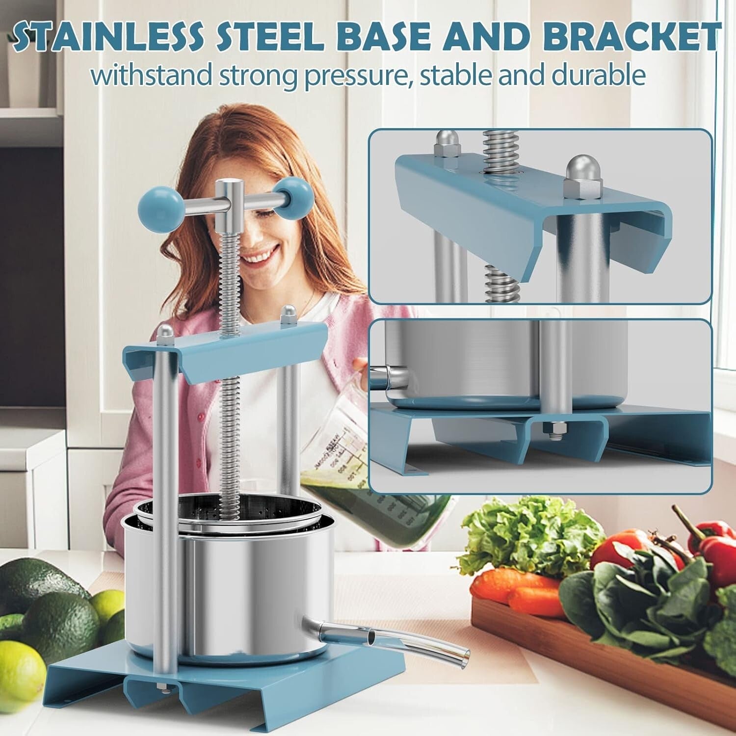 Blue Manual Juice Press, 2L Stainless Steel & Iron - Effortless Fruit Extractor