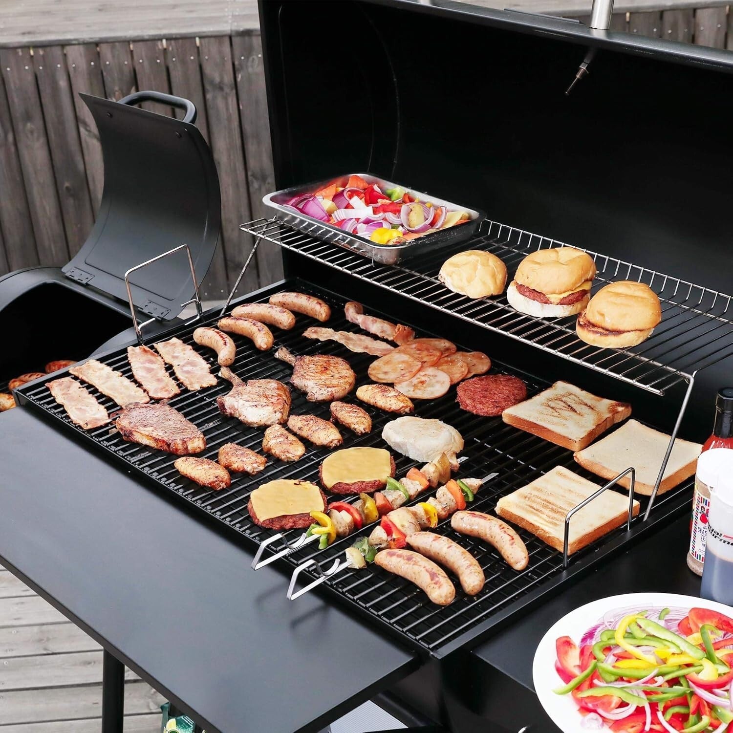 Durable Barrel Charcoal Grill with Side Smoker - 1200 Sq. in. Cooking Space