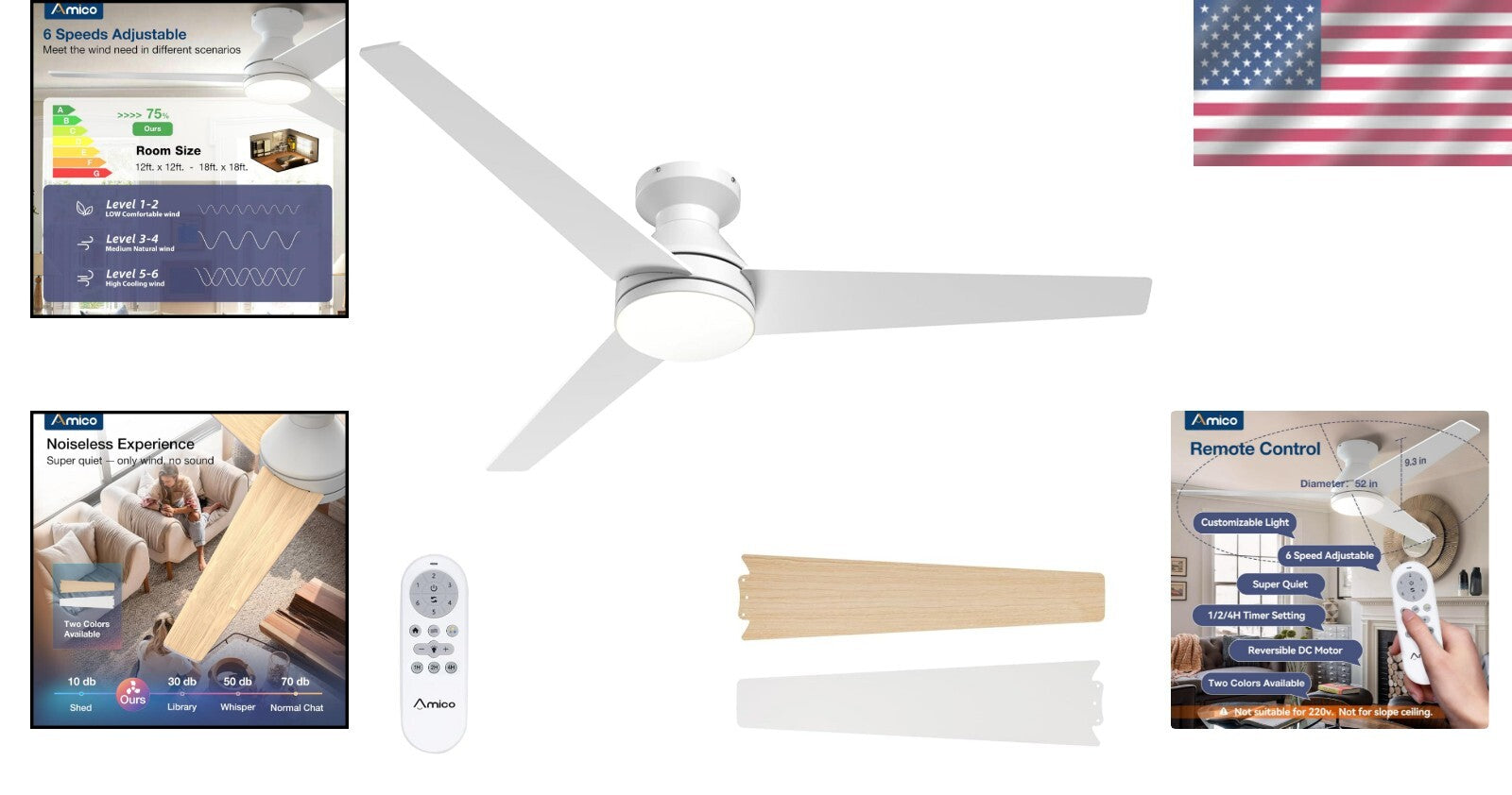 52-Inch Modern Ceiling Fan with Lights & Remote Control - Dimmable & Reversible