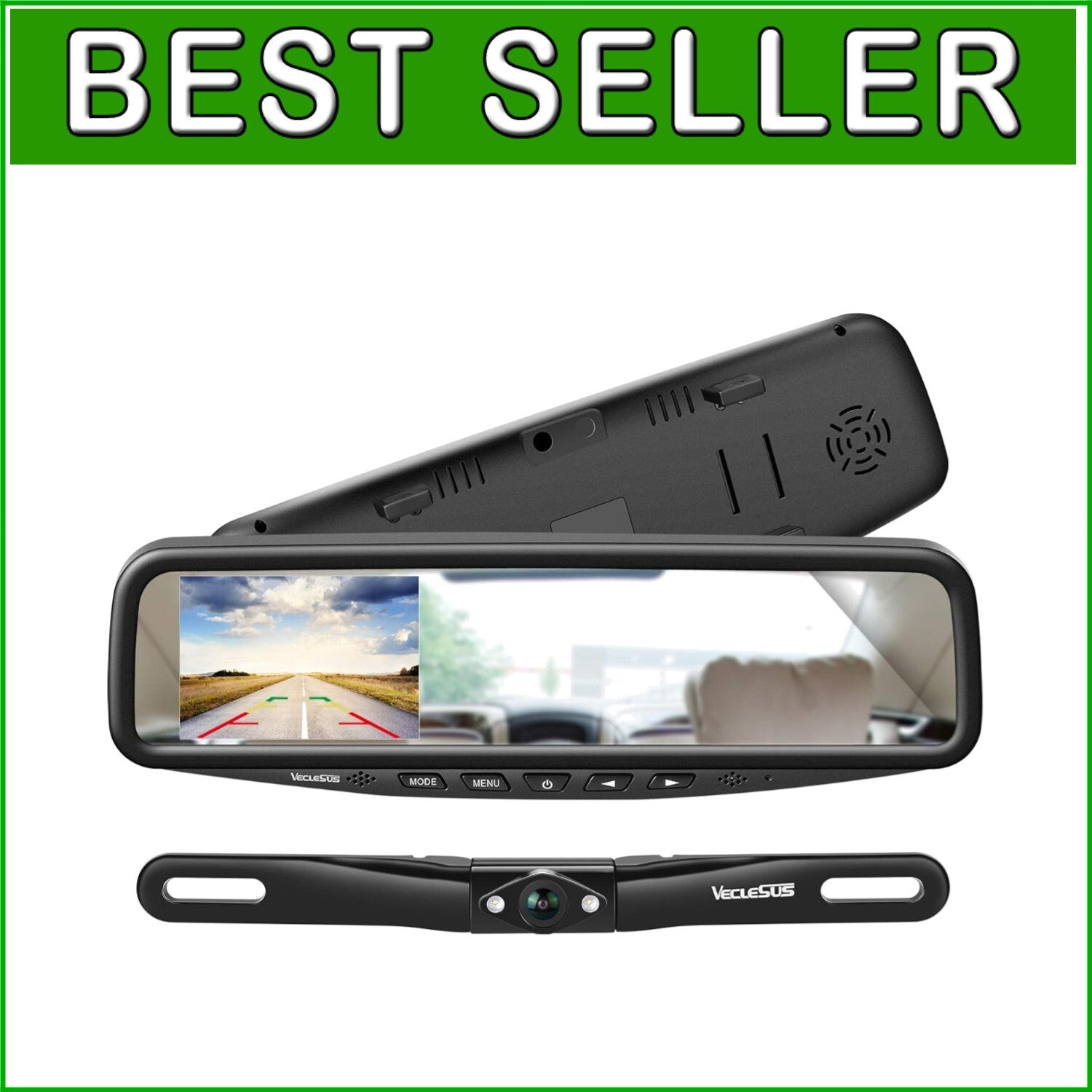 1080P Waterproof Car Backup Camera with 4.3" In-Mirror Monitor Clip-On Design