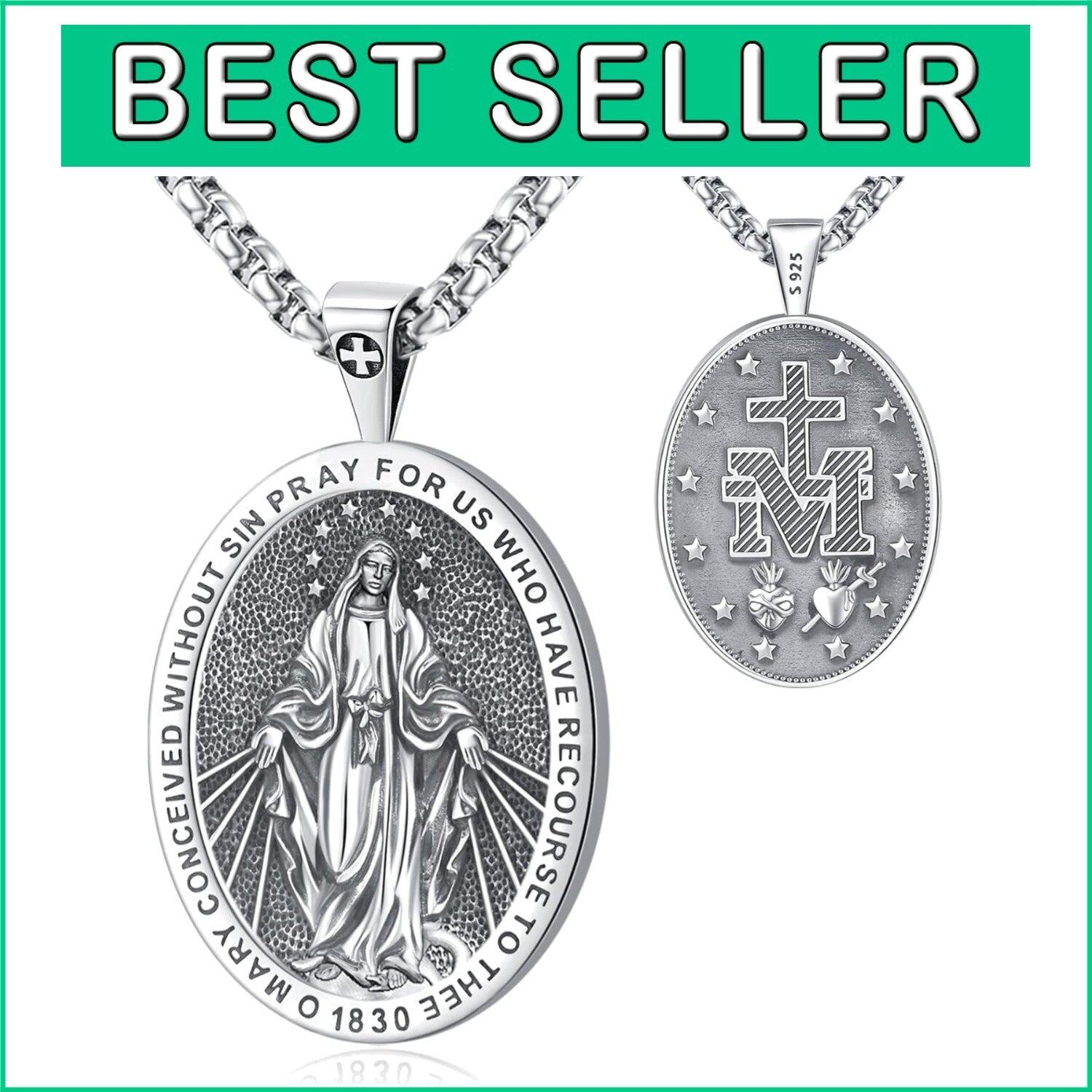 Two-Sided Miraculous Medal Pendant - Elegant Sterling Silver for Men & Women