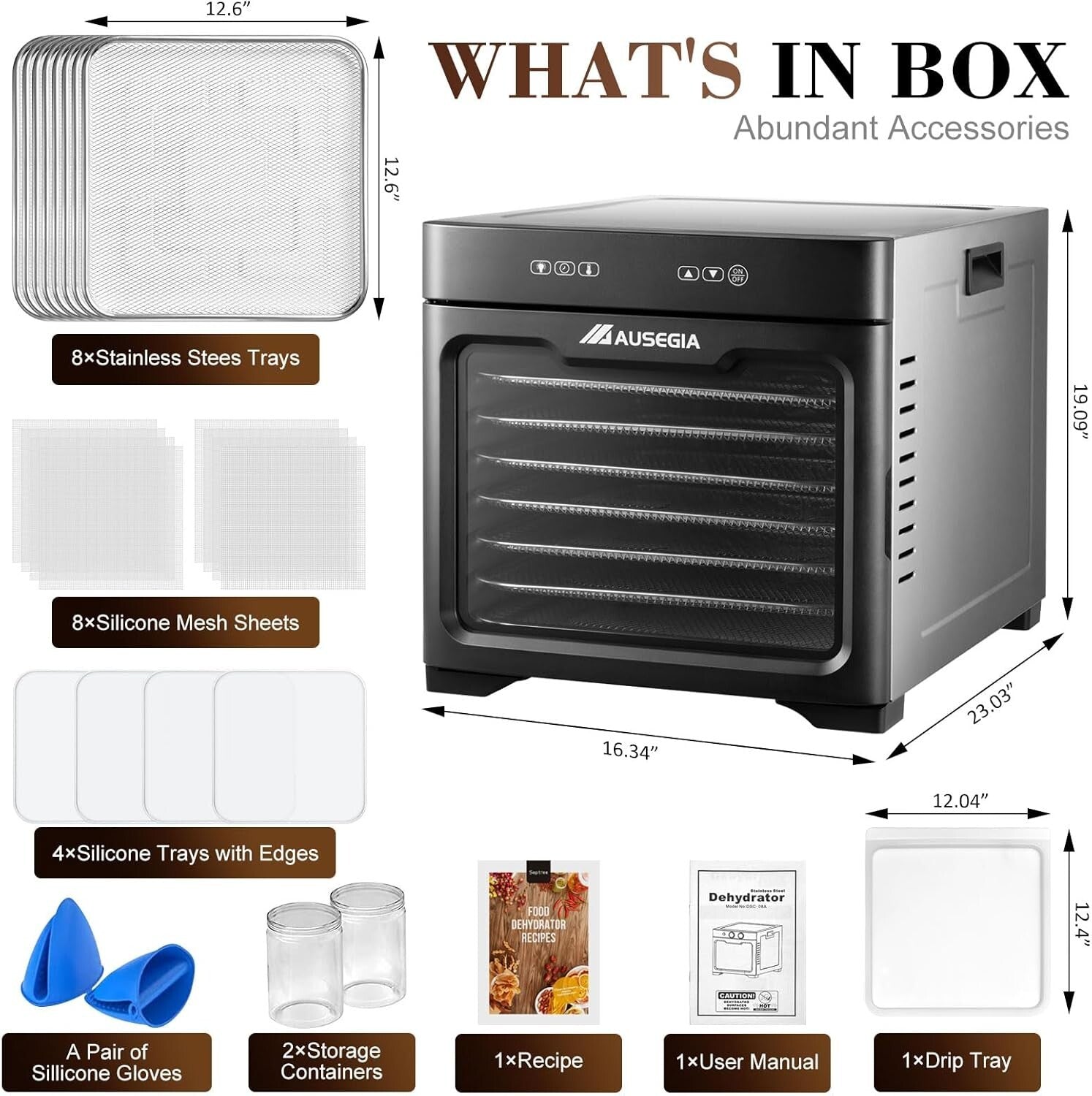 800W Stainless Steel Food Dehydrator with 8 Trays: Create Healthy Snacks Fast