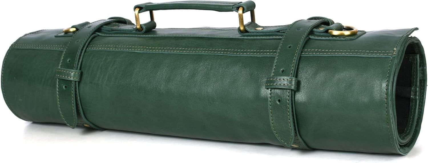 Handcrafted Leather Knife Roll with 10 Slots and Elegant Zipper Pouch for Chefs