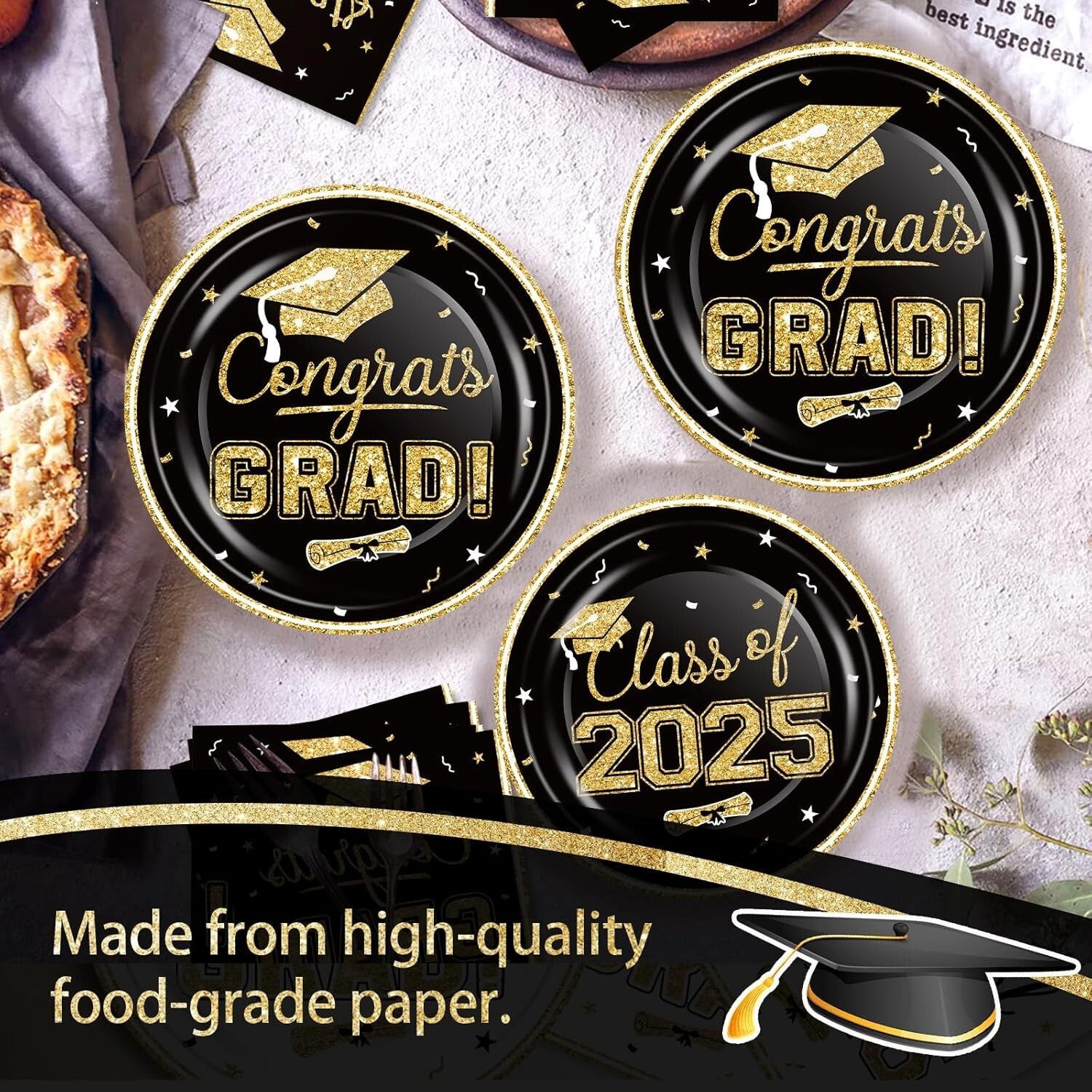 320Pcs Black & Gold Graduation Party Supplies - Elegance for Class of 2025