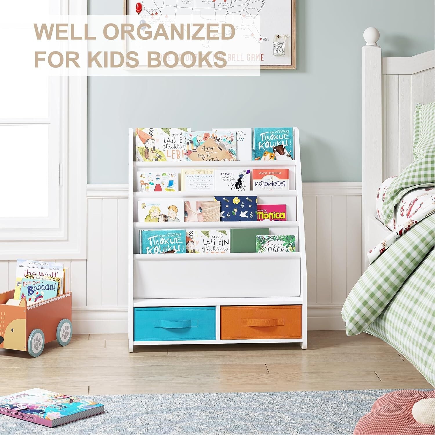 Montessori-Style Kids Bookshelf with 2 Removable Bins for Easy Accessibility