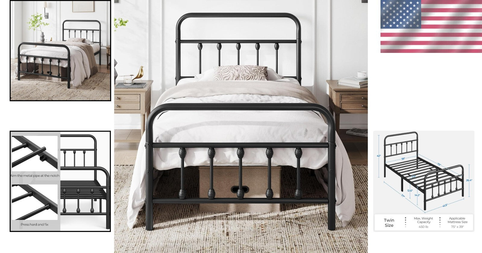 Twin Iron Metal Bed Frame with Victorian Style and Under-Bed Storage - Black