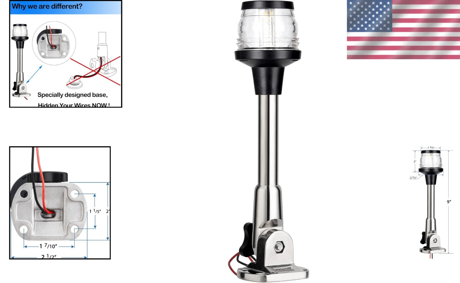 All-Round 12-24V LED Folding Boat Anchor Light - Polished Stainless Steel Design