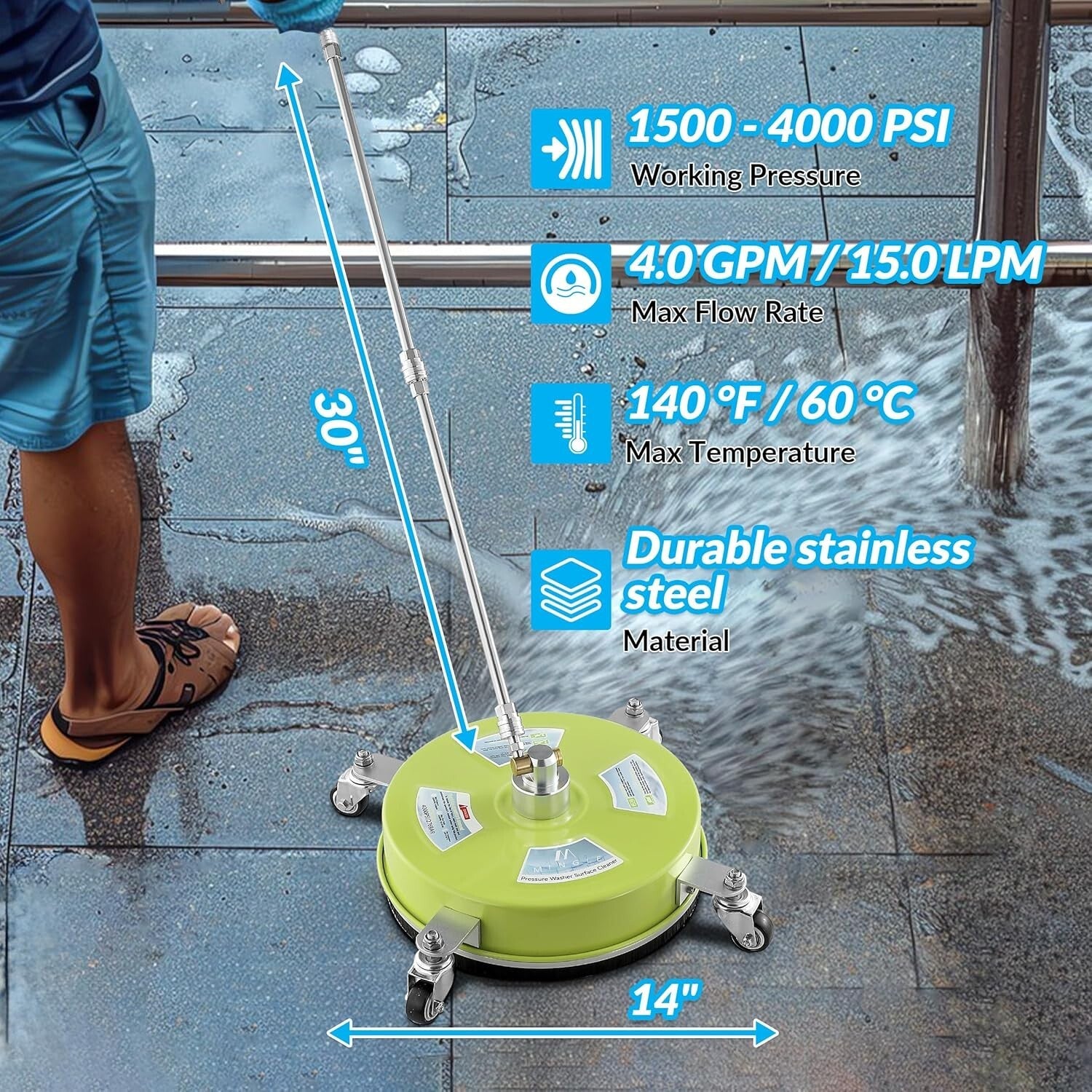 High Efficiency 14'' Surface Cleaner for Pressure Washers - 4000 PSI Compatible