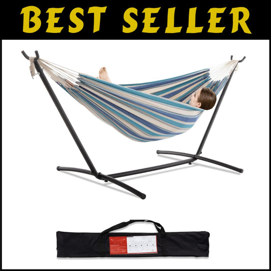 Outdoor Double Hammock with Strong Steel Stand - 450lb Capacity in Light Blue