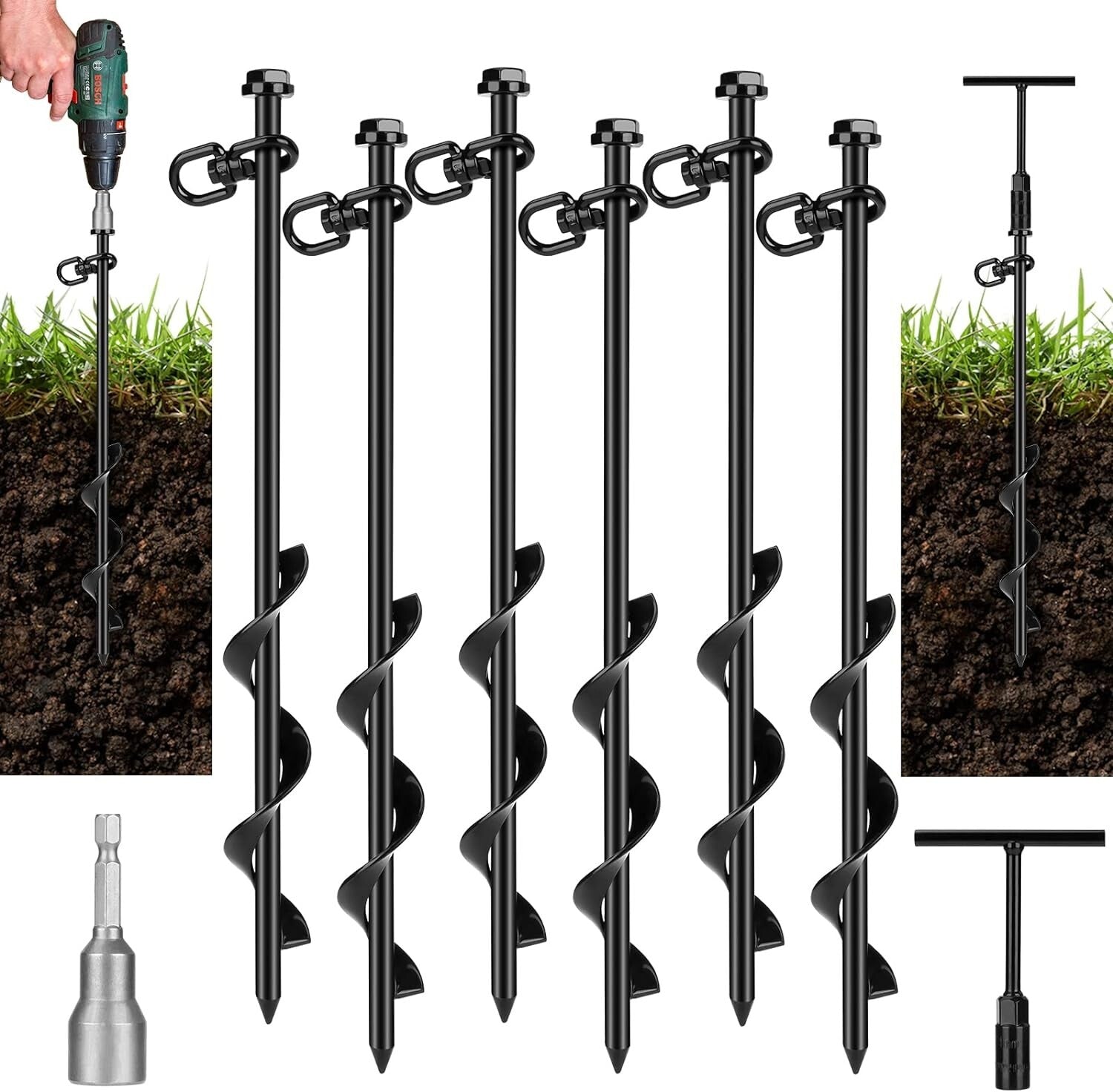 6 Heavy-Duty Spiral Ground Stakes with T-Handle Wrench - Perfect for Outdoors