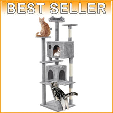 Load image into Gallery viewer, 80in Tall Multi-Level Cat Tree with Scratching Posts &amp; Double Caves - Light Gray