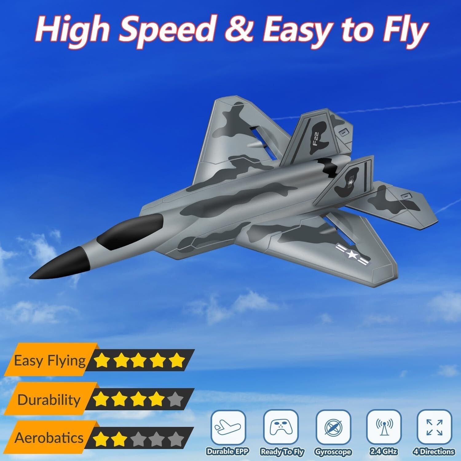 F-22 RC Airplane: Durable Foam Glider with 4-Directional Control for Fun Flying