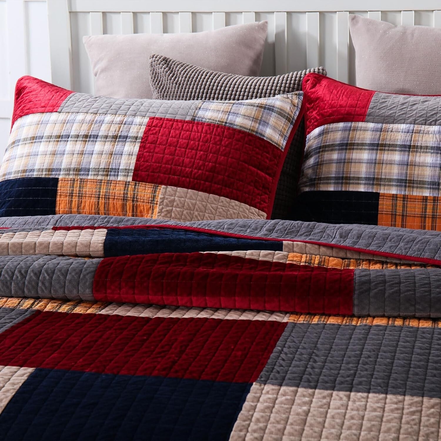 Luxurious King Size Velvet & Cotton Comforter Set - Art Deco Patchwork Design
