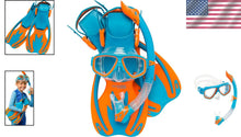 Load image into Gallery viewer, Blue/Orange Rocks Kids Snorkel Gear - Complete Mask, Fins &amp; Splash Guard Snorkel