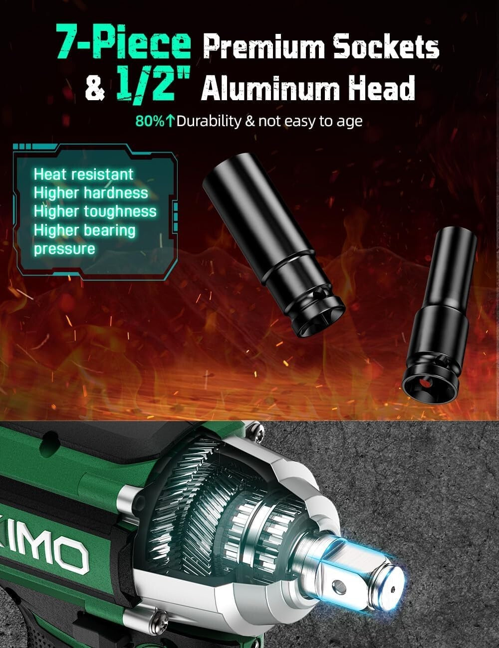 Powerful KIMO 1/2” Impact Wrench with 2x4.0Ah Batteries & 7 Sockets Included