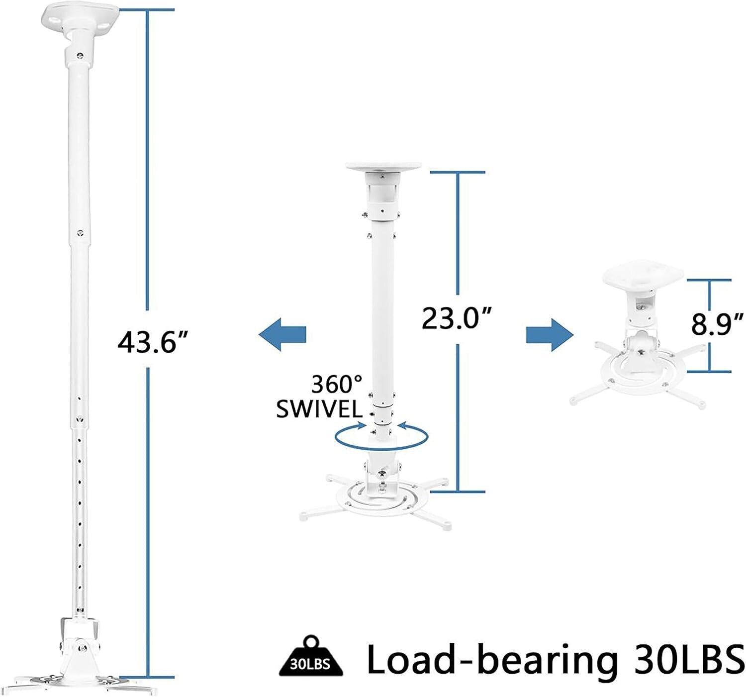 Full Motion Universal Ceiling Projector Mount - Adjustable Height & Extendable