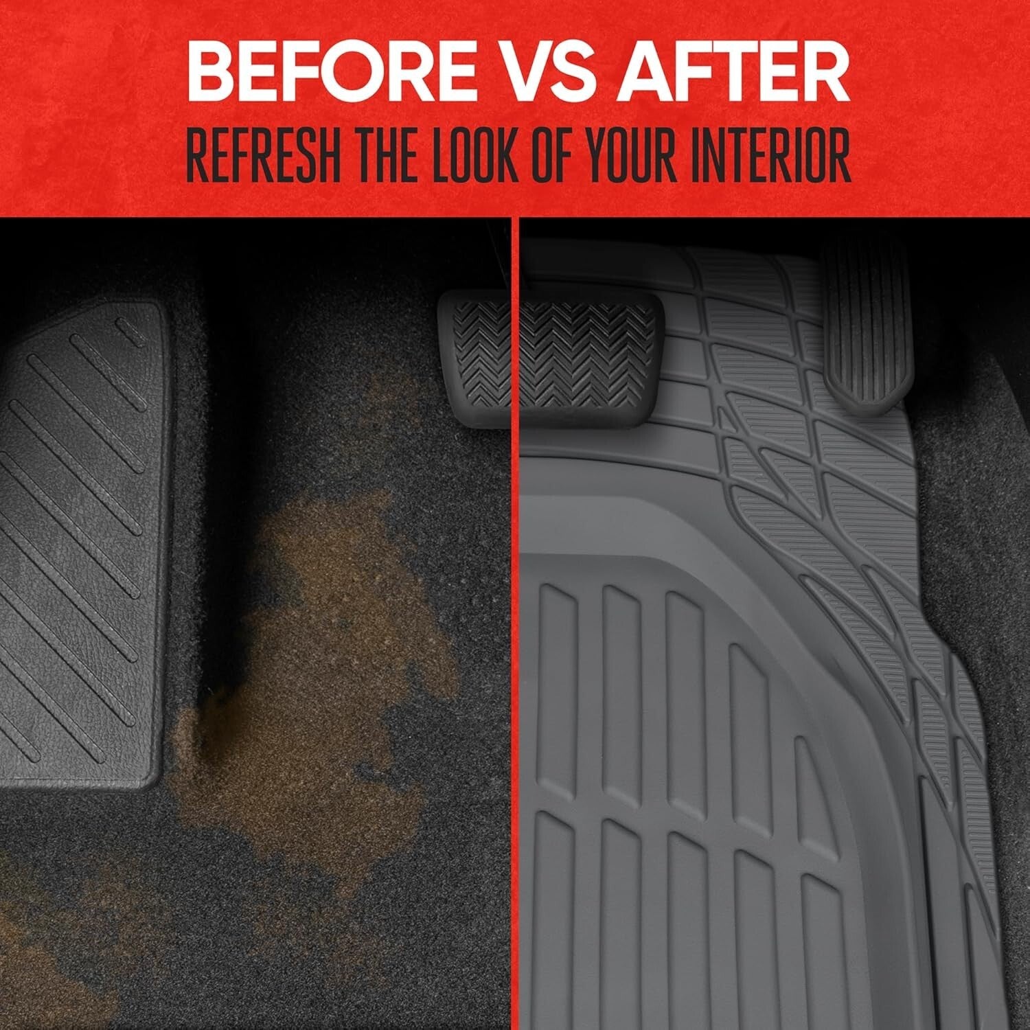 Trim-To-Fit Gray Rubber Mats - Deep Dish Design for Complete Floor Coverage