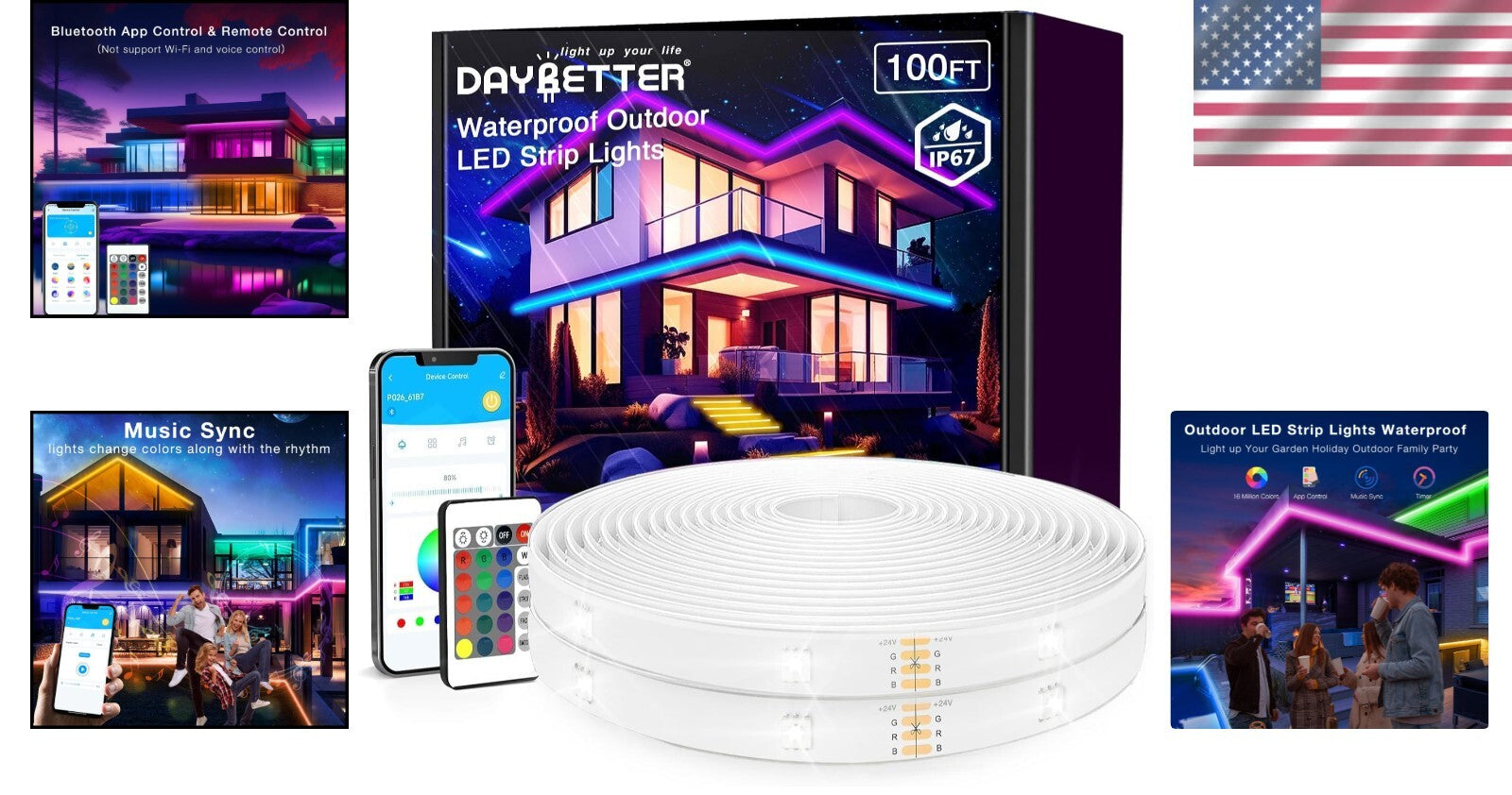 Dimmable 100ft LED Light Strips for Outdoor Use, Waterproof with Timer Features