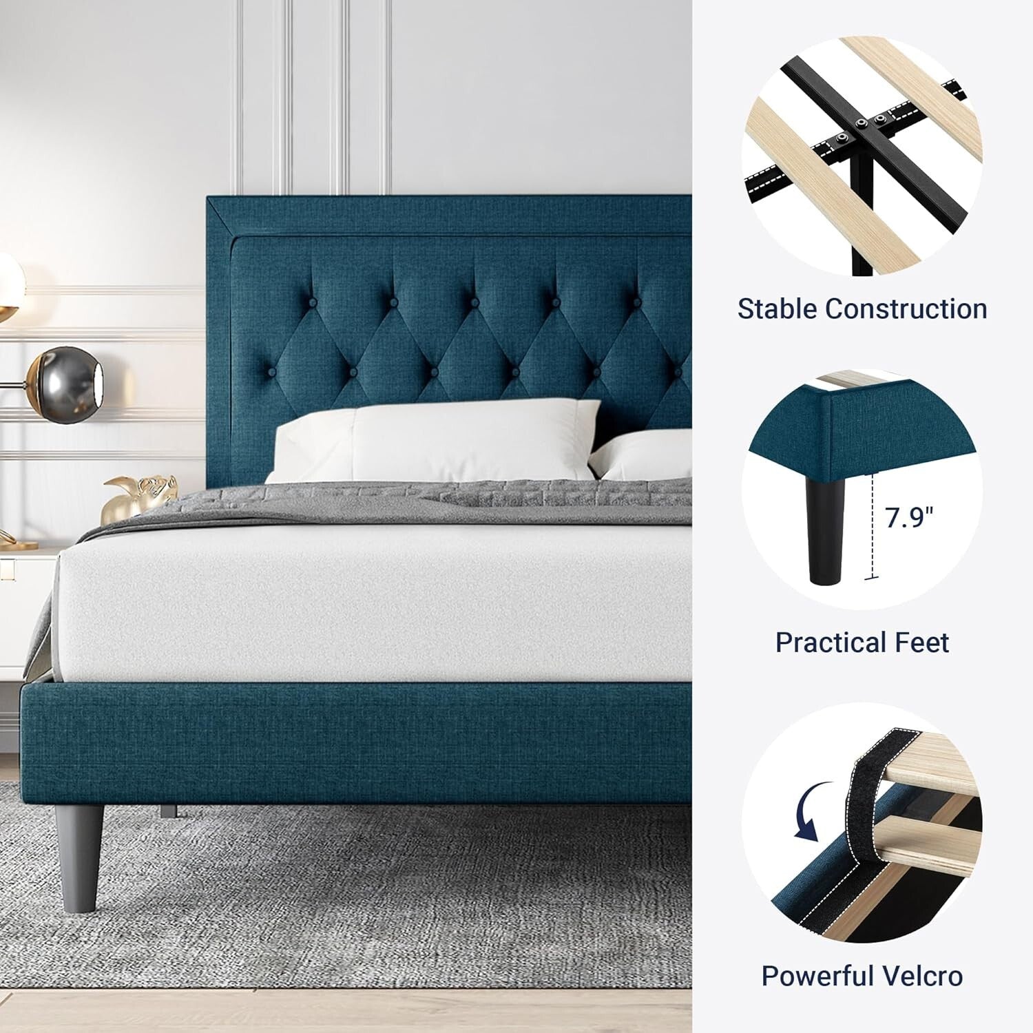 Stylish Full Size Platform Bed with Wood Slat Support and Adjustable Headboard