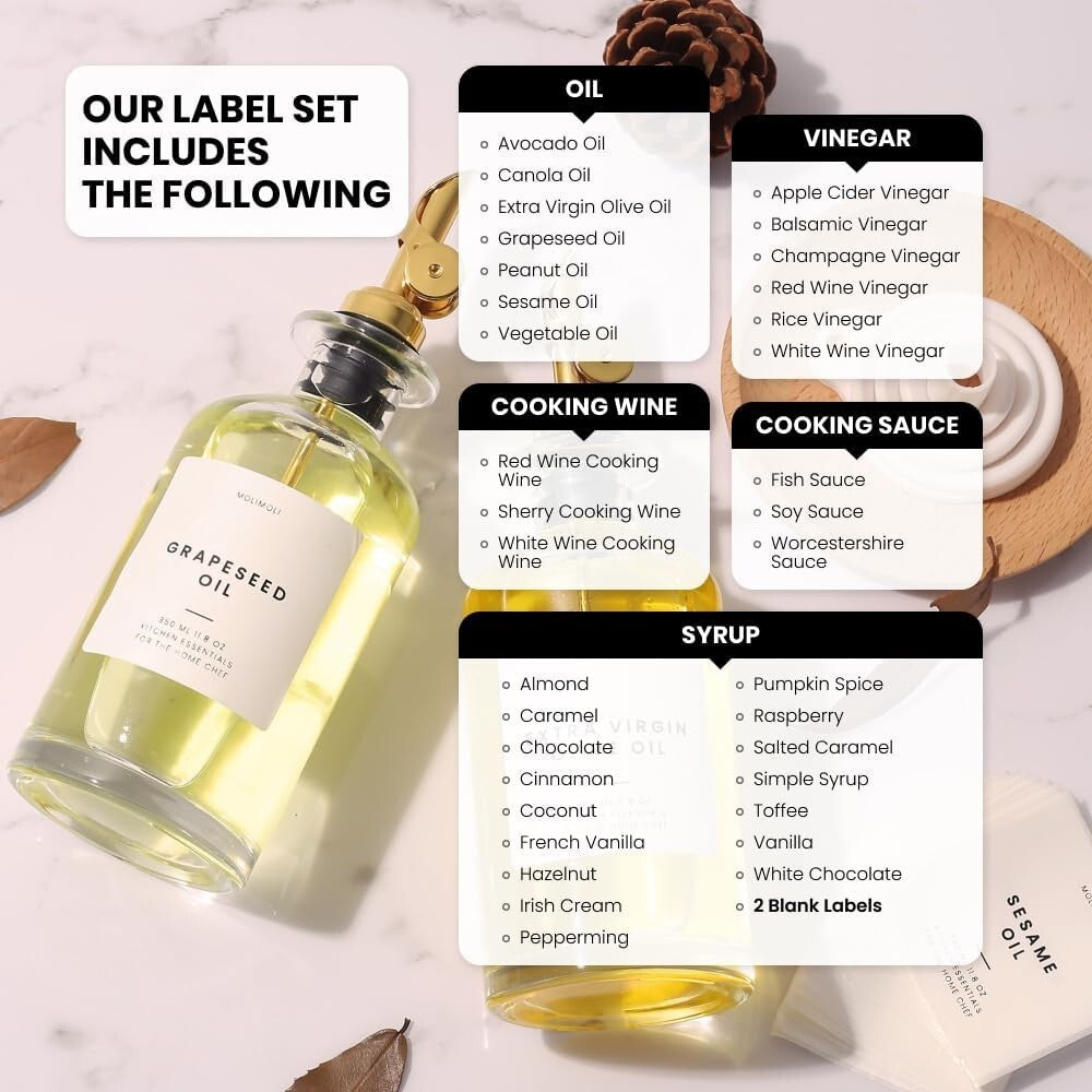 Elegant 350ml Olive Oil Dispenser Set with Gold Pourers and Waterproof Labels