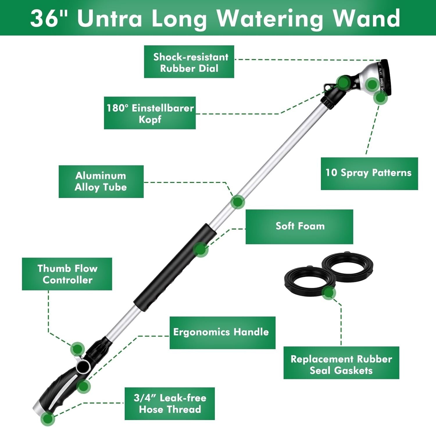 Ergonomic 36" Watering Wand with 10 Spray Patterns - Ideal for Baskets & Plants