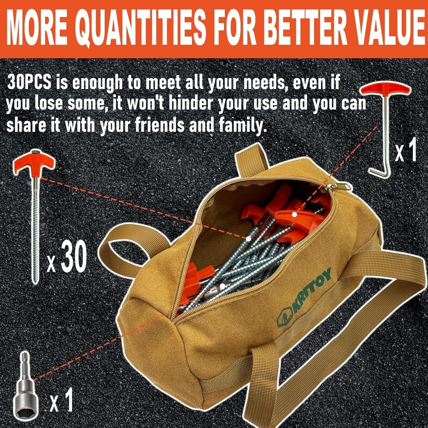 Outdoor Essential: 30 Heavy Duty Screw-In Tent Stakes with Sturdy Storage Bag