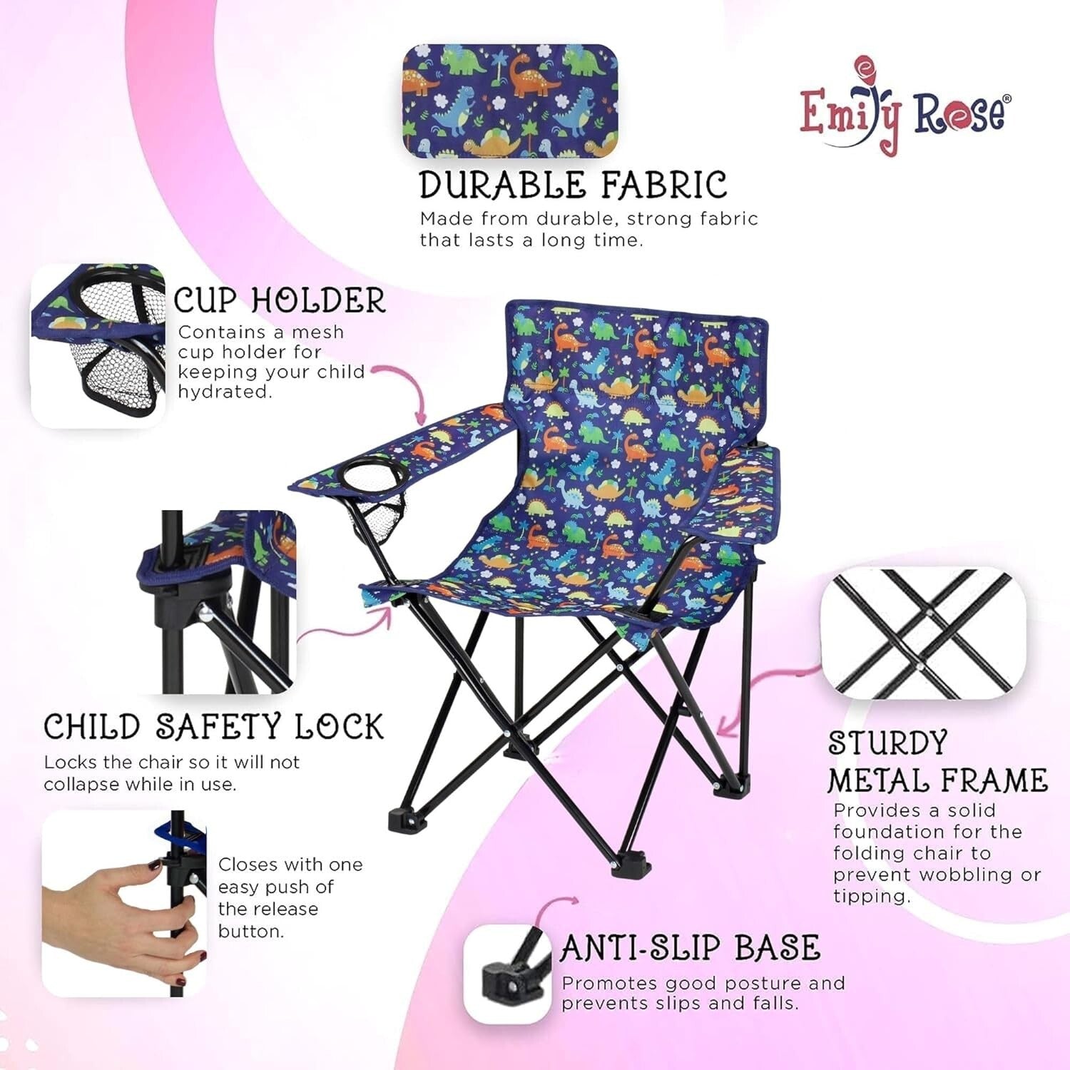 Portable Kids Folding Chair with Safety Lock & Cup Holder - Playful Dinosaurs