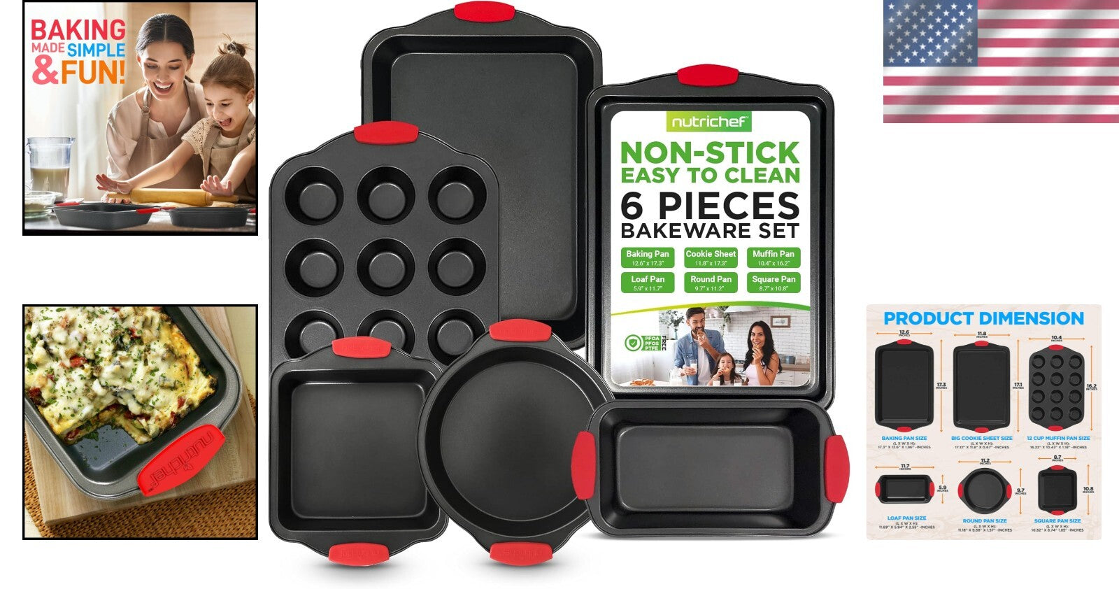 6-Piece Nonstick Bakeware Set - Carbon Steel with Heatproof Silicone Handles