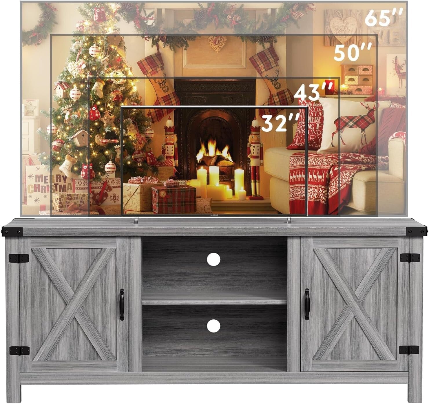 Rustic Gray Wash Barn Door Media Console - Ideal for Living Room and TV Storage