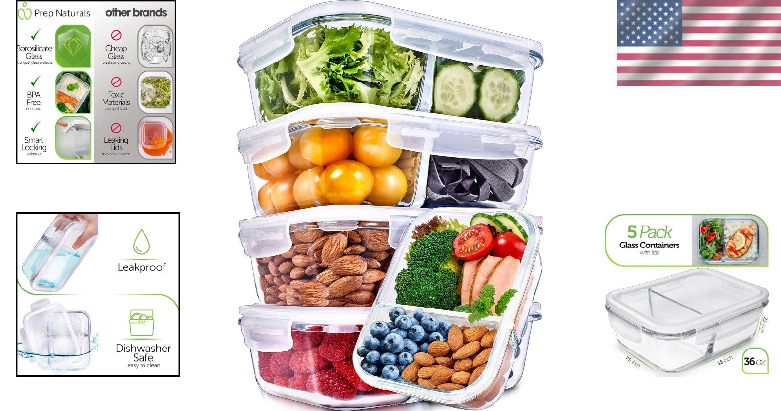 Durable Multi-Compartment Glass Meal Prep Containers - 36 Oz, Leak-Proof Design