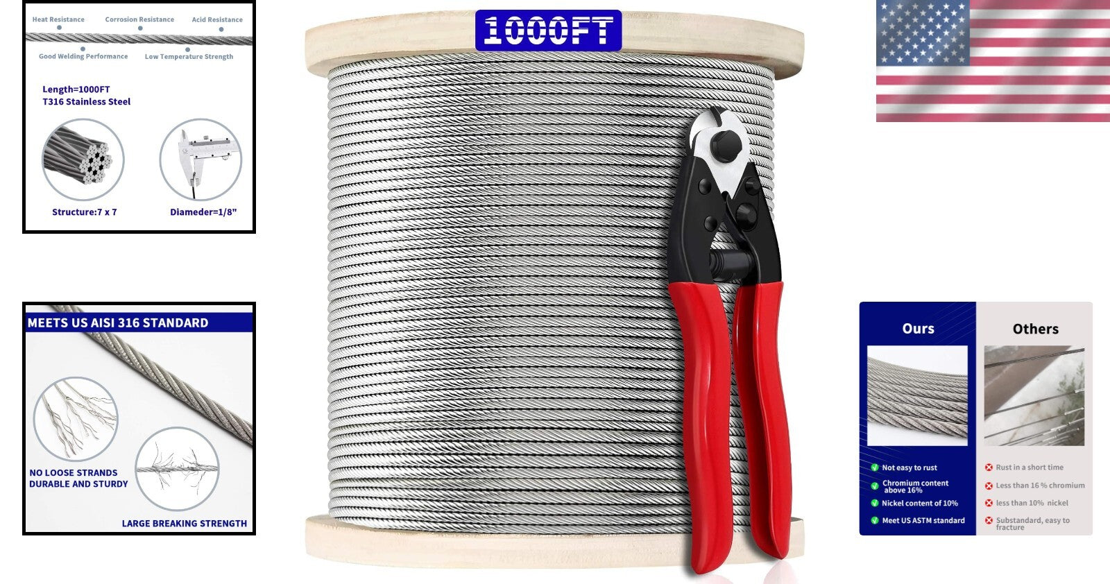 Heavy-Duty 1/8" Stainless Steel Cable - 1000FT for Durable Railing Solutions