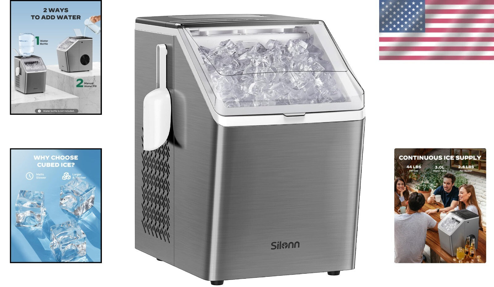 Rapid Ice Maker for Home & Parties - 44lbs Daily Production, Crystal-Clear Cubes