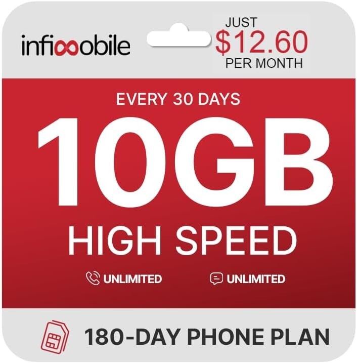 $12.60/Month SIM Card: 6-Month Prepaid Plan with Unlimited Talk & 10GB Data