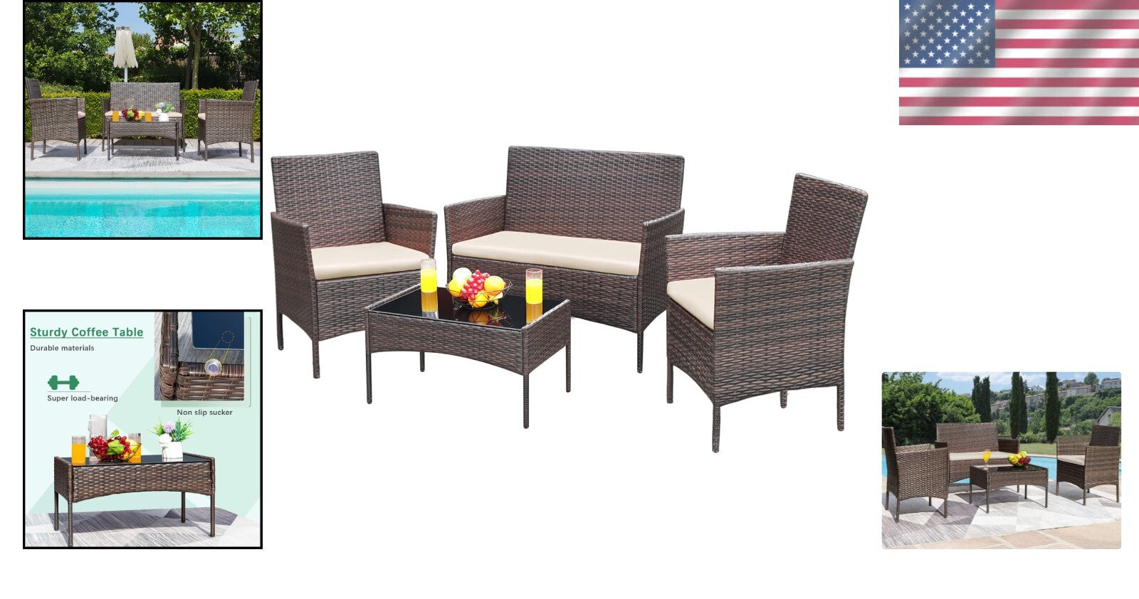 Elegant Brown and Beige Patio Furniture Set - Loveseat, Chairs & Table Included