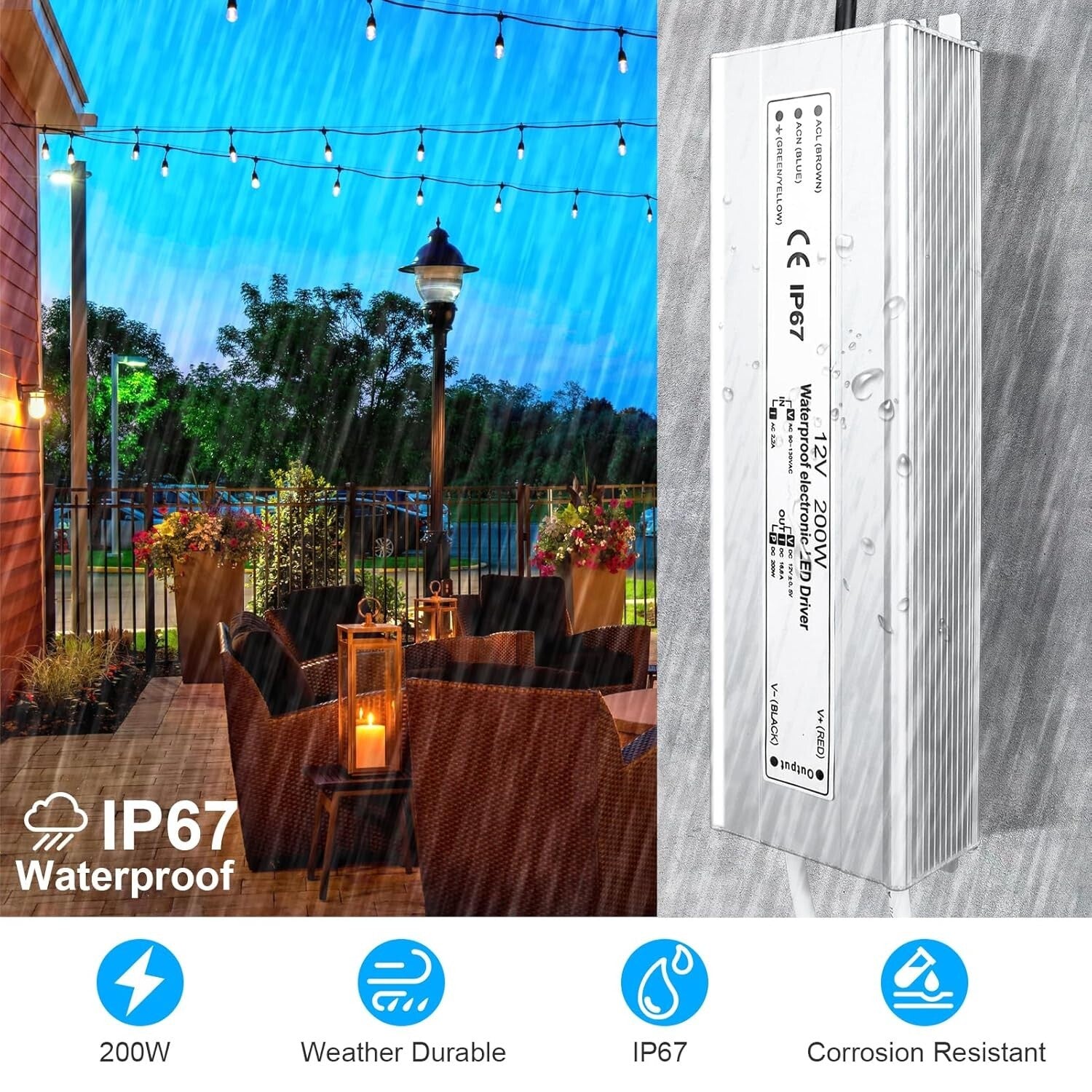 Versatile 200W Waterproof LED Power Supply - 12V DC Adapter for Outdoor Projects