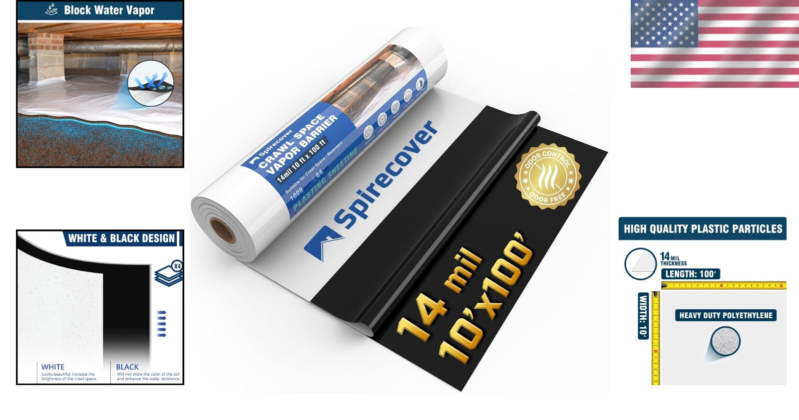 Durable 14 Mil Thick Plastic Sheeting - 10' x 100' Heavy-Duty Vapor Barrier