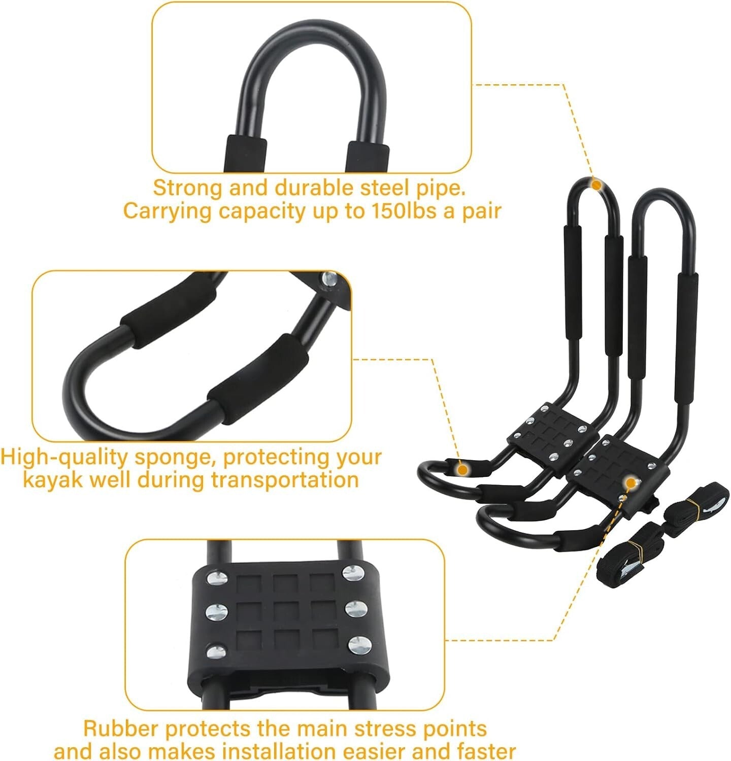 Durable Kayak Roof Rack Set of 4 - 2 Pairs J-Bar Carrier for SUVs and Trucks