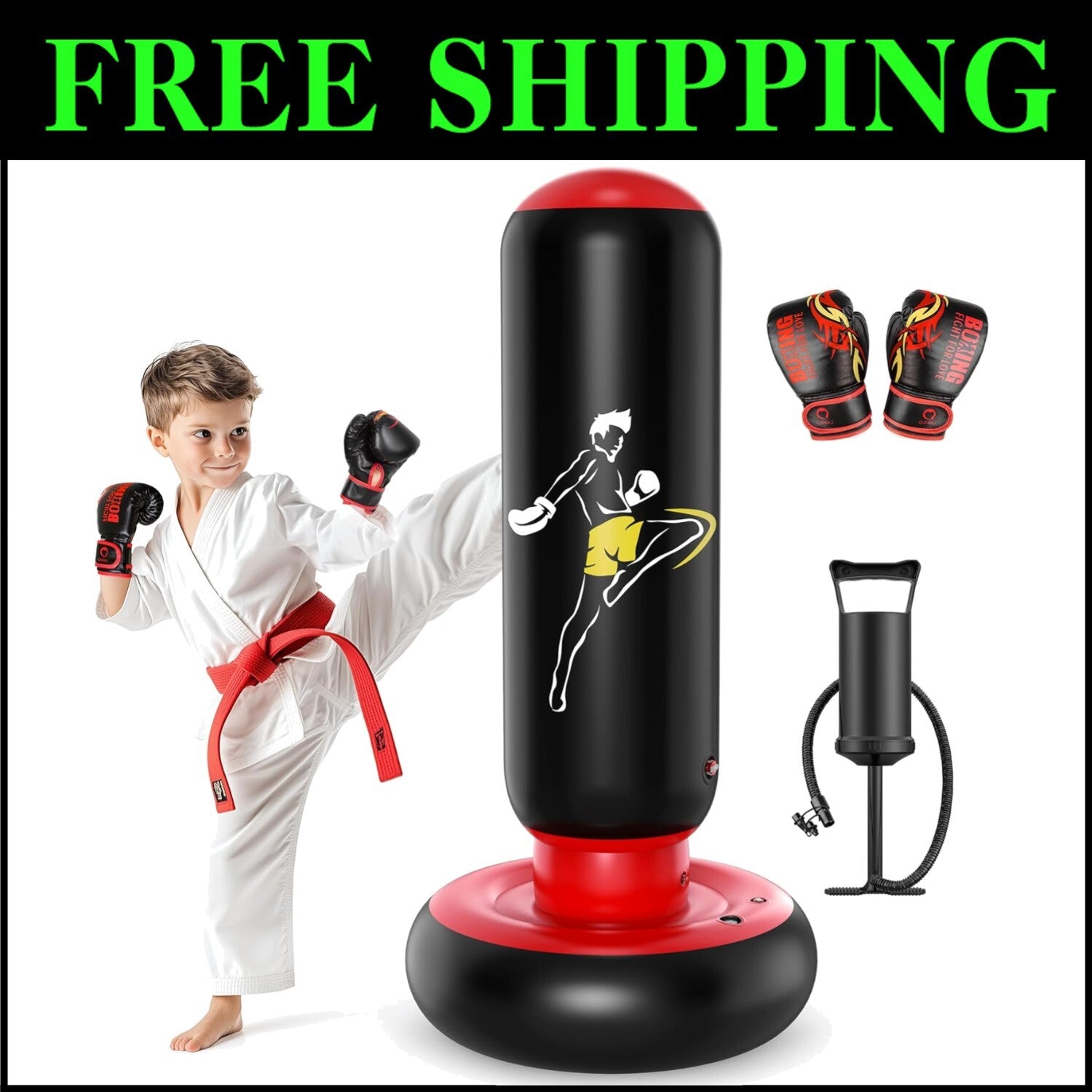 66” Kids Inflatable Boxing Punching Bag & Gloves - Fun Gym Toy for Ages 6-12