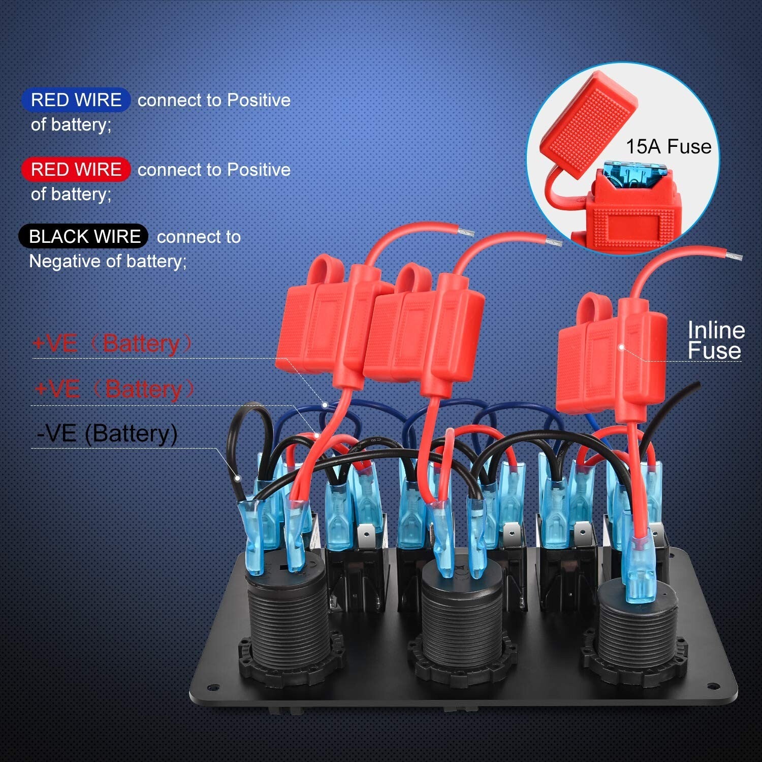 Durable Laser-Etched 6 Gang Switch Panel with USB, Voltmeter & Cigarette Lighter