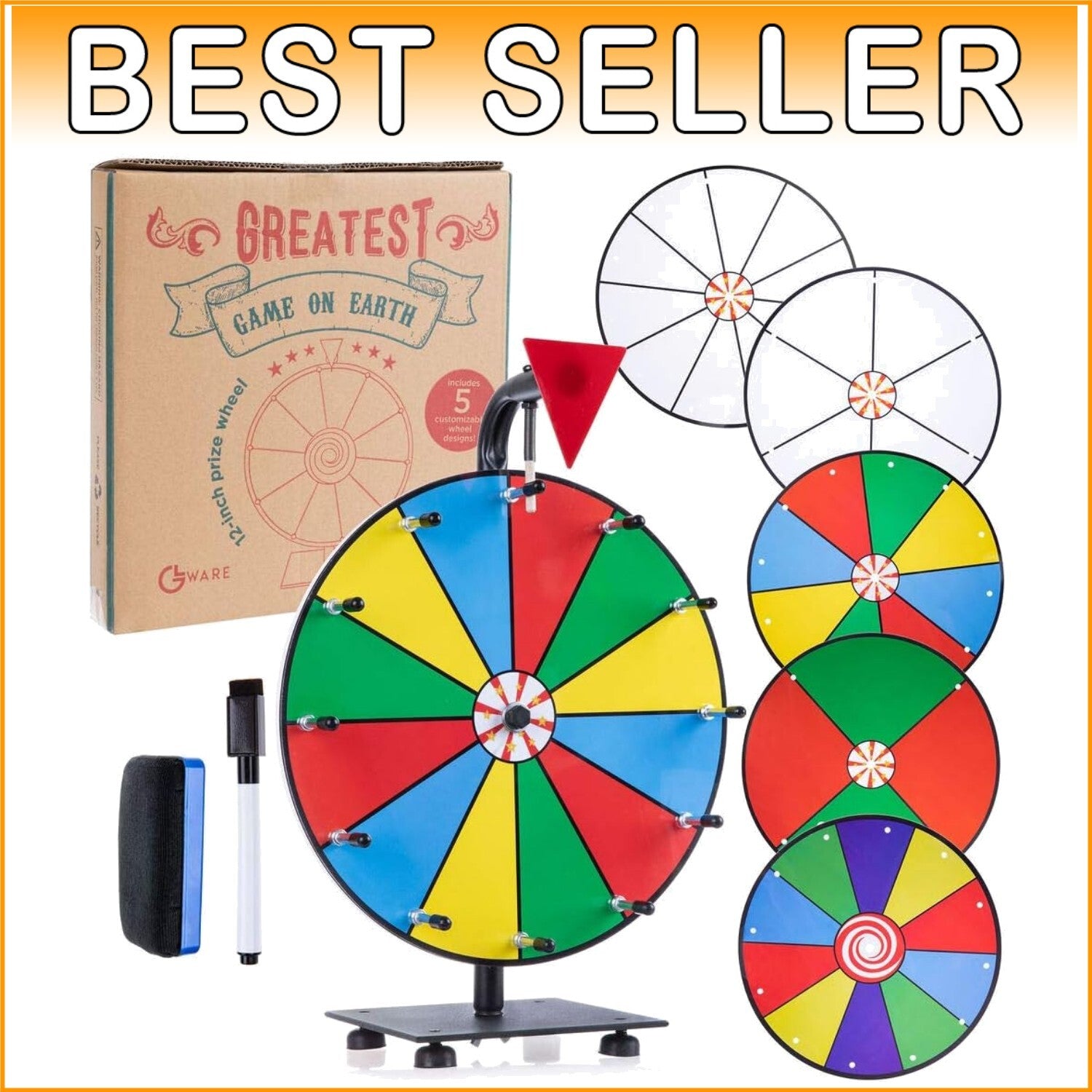 Interactive 12" Prize Wheel - Carnival Game with Dry Erase Faces & Marker Set