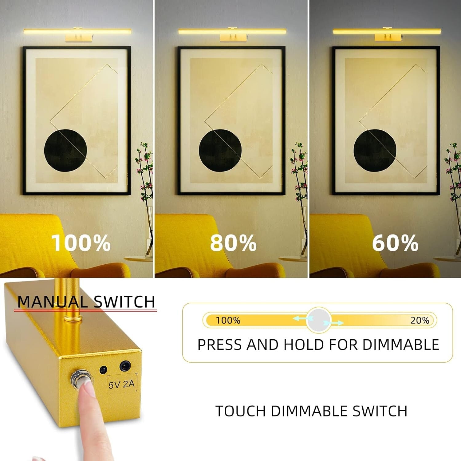 Battery-Powered 20” Gold Picture Light with Auto-Off Timer & Remote Control