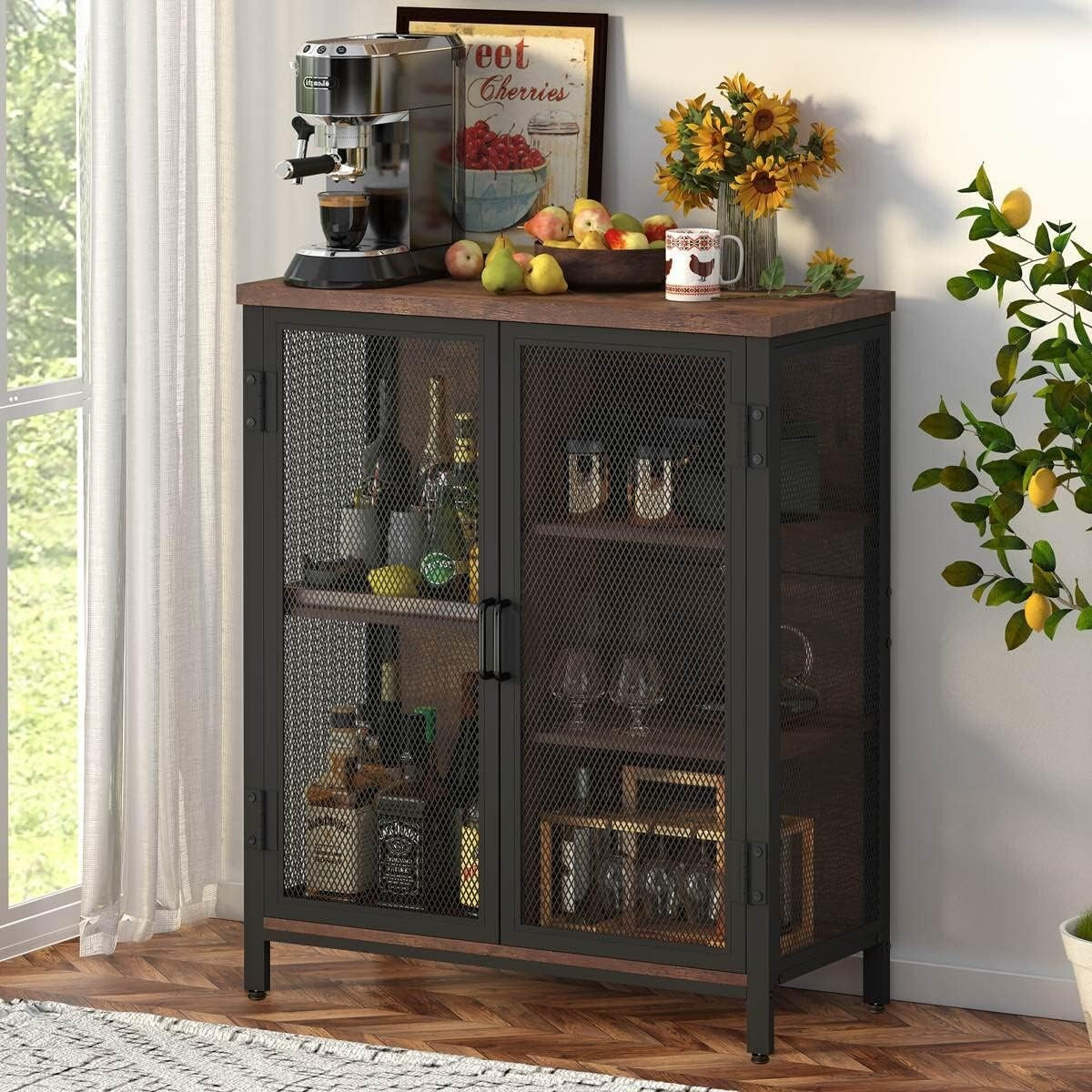 Farmhouse Style Alcohol Cabinet with Lockable Doors & Adjustable Storage Shelves