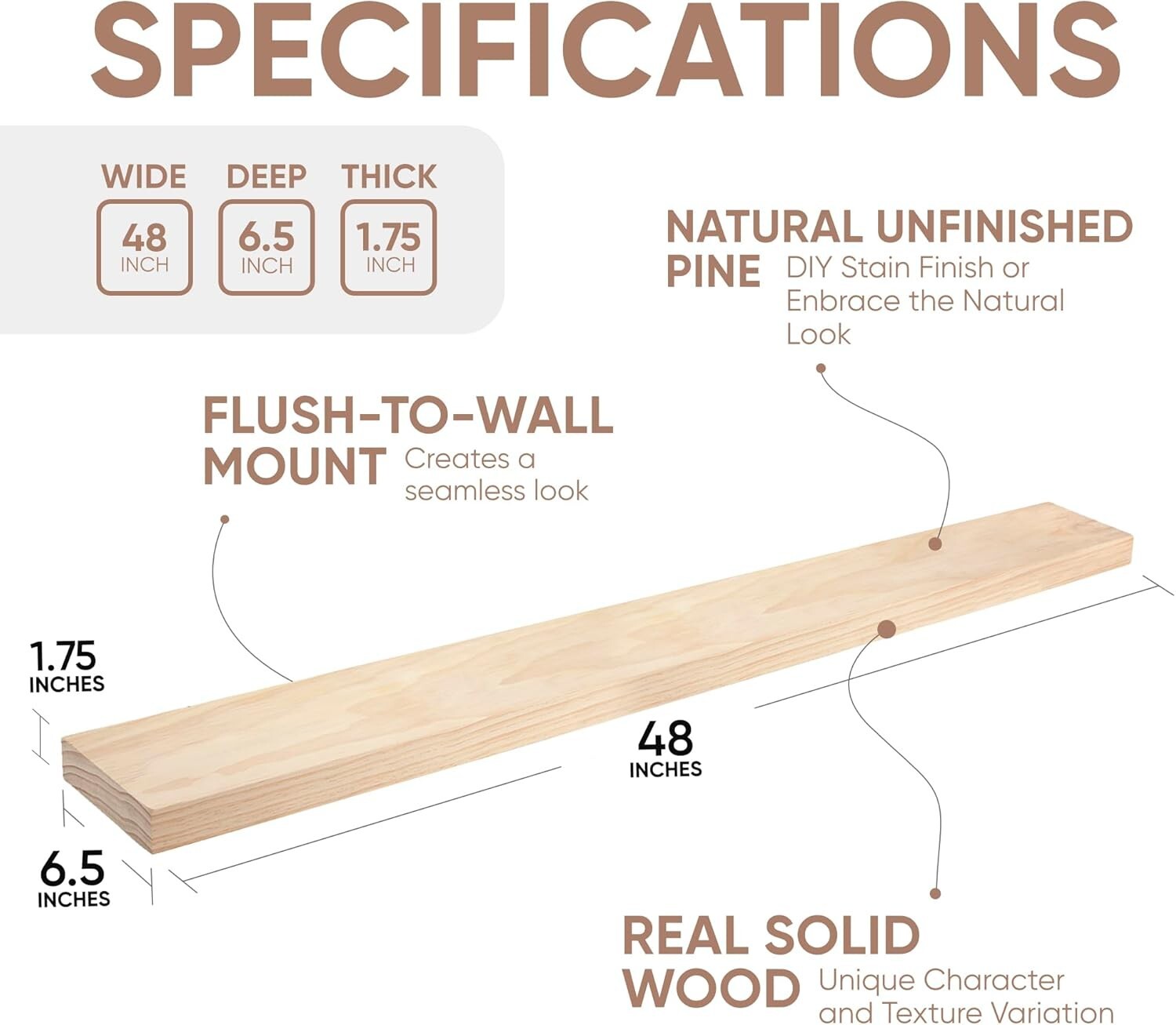 48 Inch Durable Floating Shelves for Wall - Modern Pine Wood Styling