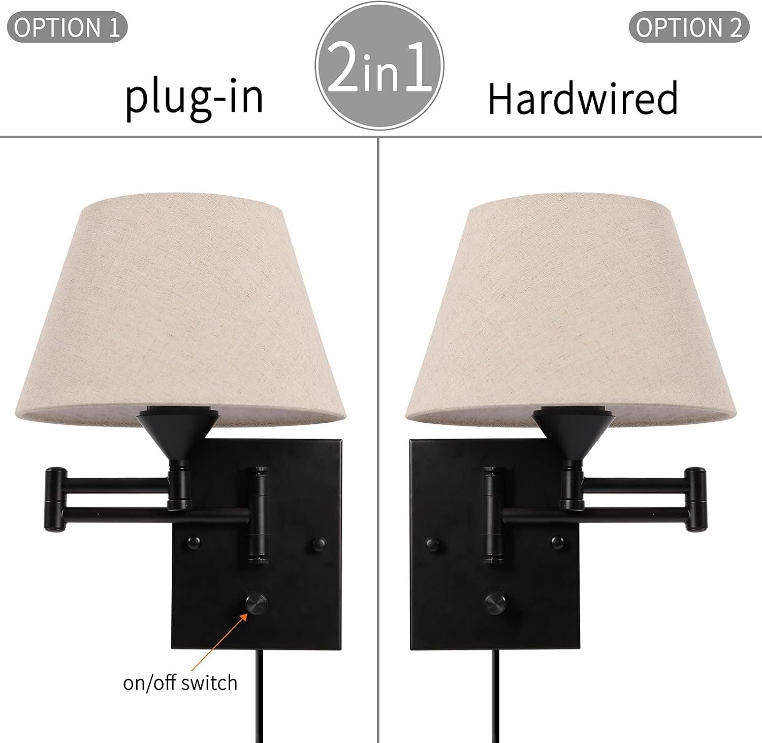 Elegant Plug-In Wall Sconce Set of 2 with Adjustable Swing Arm & Fabric Shade