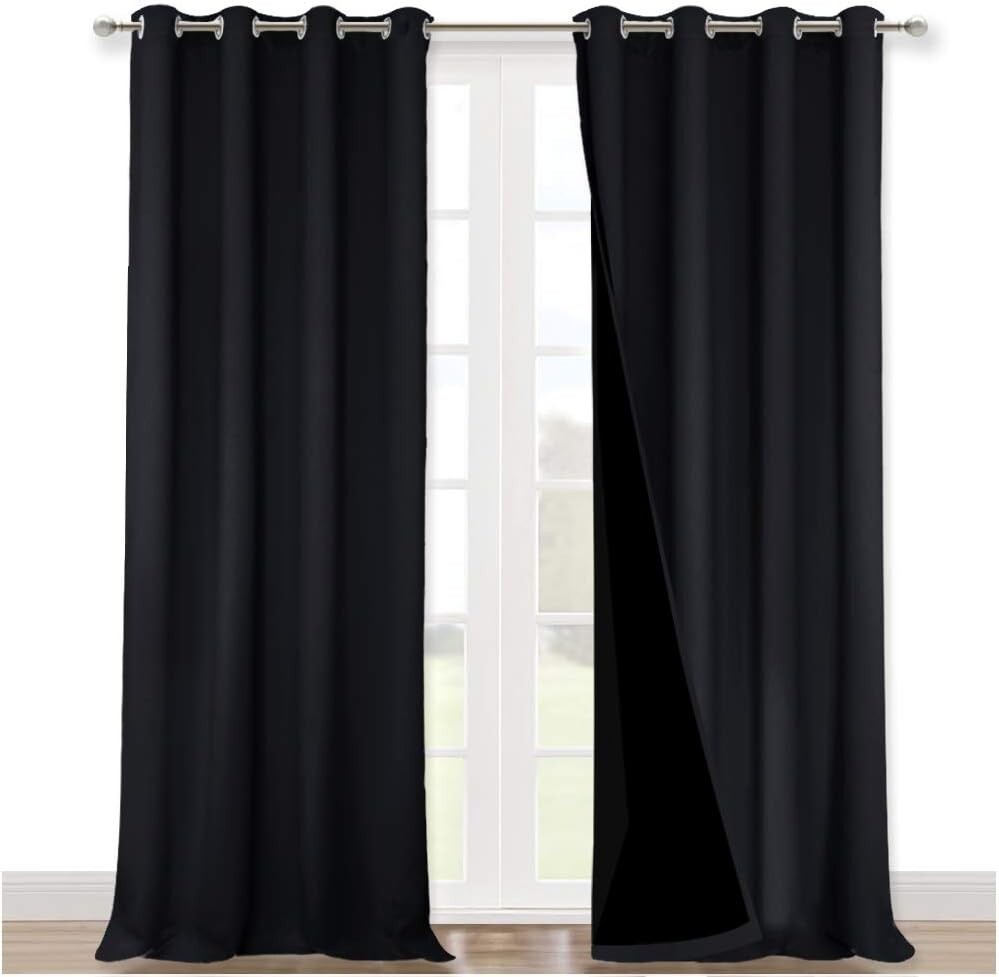Black Lined 100% Blackout Curtains - Stylish Energy Saving Drapes, 2 Panels